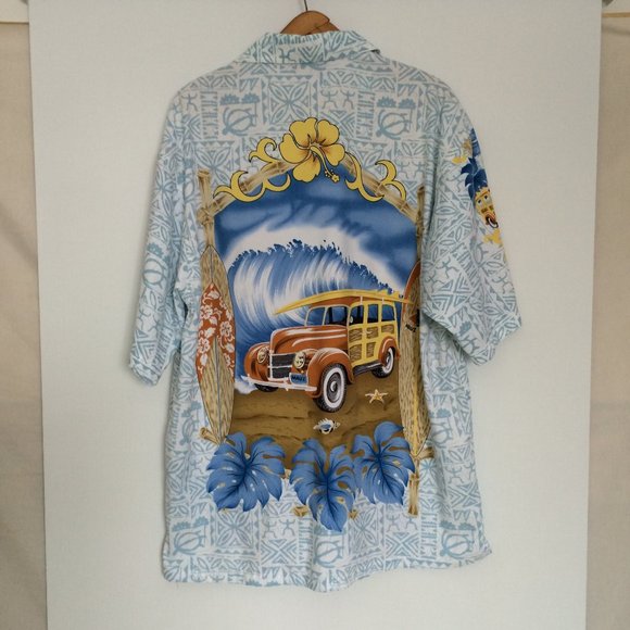 Maui Maui Hawaiian Button Shirt Large Woody Wagon Surf Board Truck Hibiscus Leaf - Picture 1 of 8